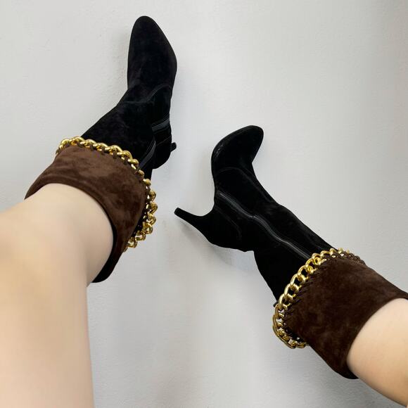 Carisma Made In Italy Black andBrown Suede Gold Chain Tall Boots Size 8 - Picture 1 of 8